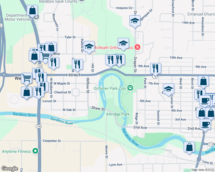 map of restaurants, bars, coffee shops, grocery stores, and more near 727 Island Court in Baraboo