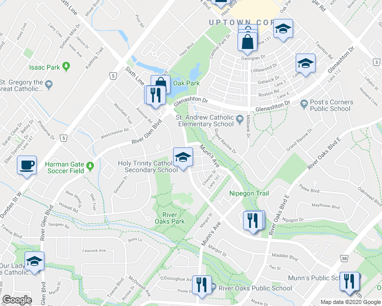 map of restaurants, bars, coffee shops, grocery stores, and more near 2477 Sixth Line in Oakville
