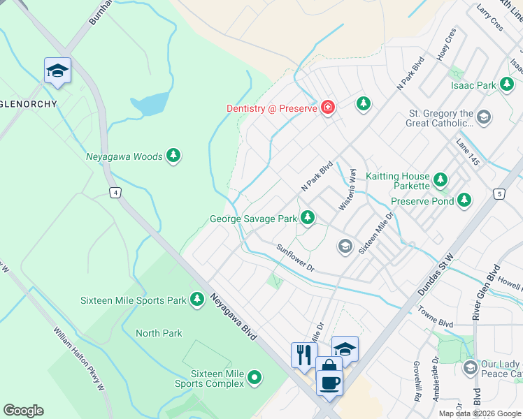 map of restaurants, bars, coffee shops, grocery stores, and more near Charles Biggar Drive in Oakville