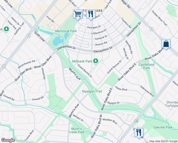 map of restaurants, bars, coffee shops, grocery stores, and more near 105 Millbank Drive in Oakville