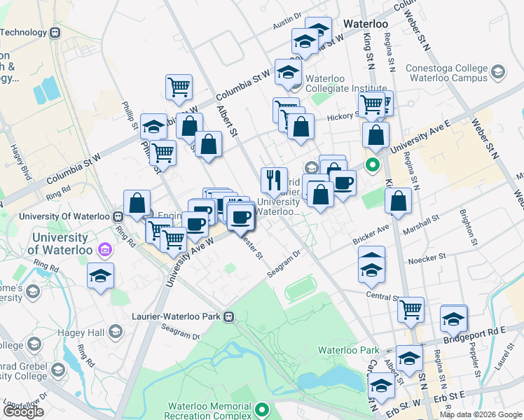 map of restaurants, bars, coffee shops, grocery stores, and more near 100 University Avenue West in Waterloo