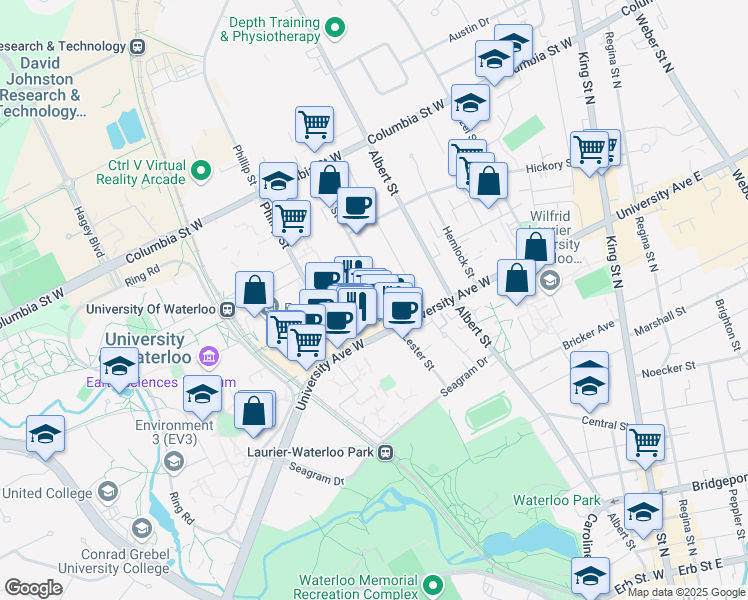 map of restaurants, bars, coffee shops, grocery stores, and more near in Waterloo