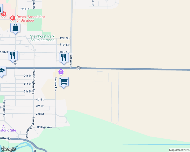map of restaurants, bars, coffee shops, grocery stores, and more near 821 Kennedy Street in Baraboo