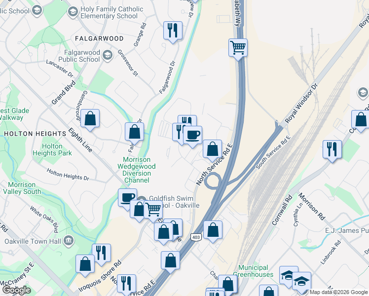 map of restaurants, bars, coffee shops, grocery stores, and more near 1131 Invicta Drive in Oakville