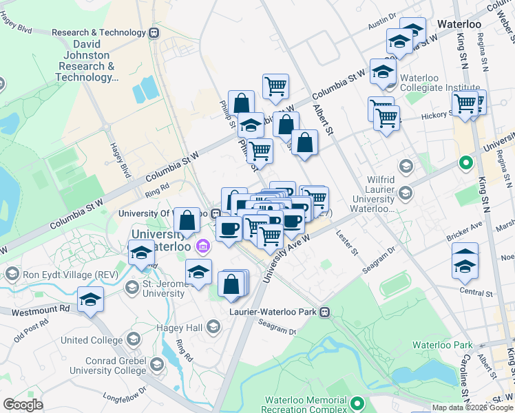 map of restaurants, bars, coffee shops, grocery stores, and more near 263 Phillip Street in Waterloo