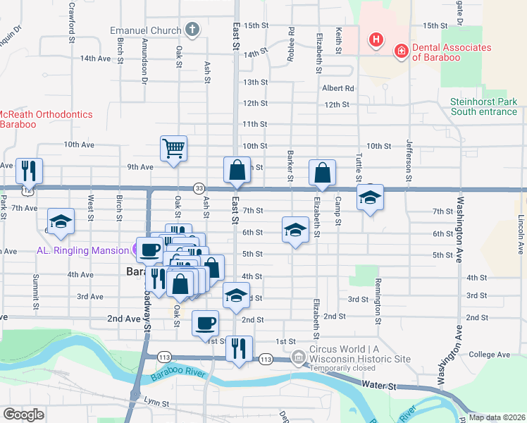 map of restaurants, bars, coffee shops, grocery stores, and more near 333 6th Street in Baraboo