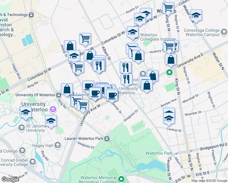 map of restaurants, bars, coffee shops, grocery stores, and more near in Waterloo