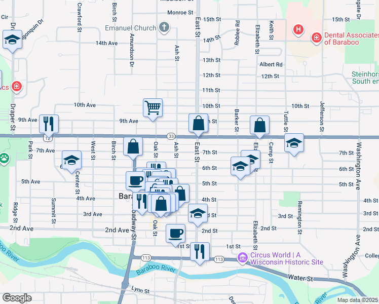 map of restaurants, bars, coffee shops, grocery stores, and more near 221 7th Street in Baraboo