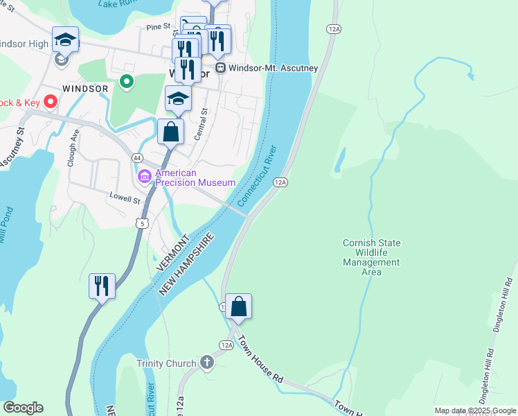 map of restaurants, bars, coffee shops, grocery stores, and more near New Hampshire 12A in Cornish