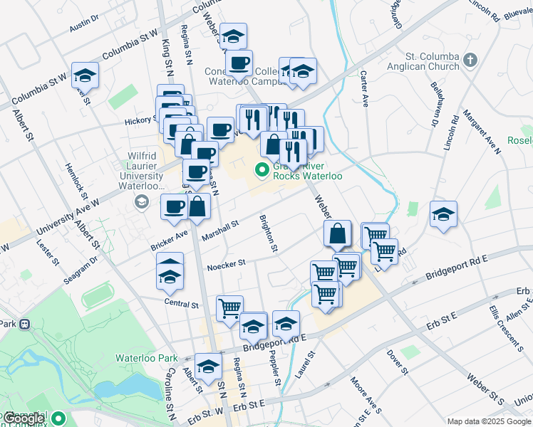 map of restaurants, bars, coffee shops, grocery stores, and more near 71 Marshall Street in Waterloo