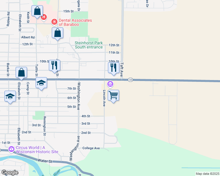 map of restaurants, bars, coffee shops, grocery stores, and more near 1203/1209 8th Street in Baraboo