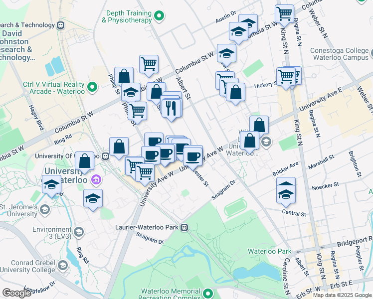 map of restaurants, bars, coffee shops, grocery stores, and more near 250 Lester Street in Waterloo