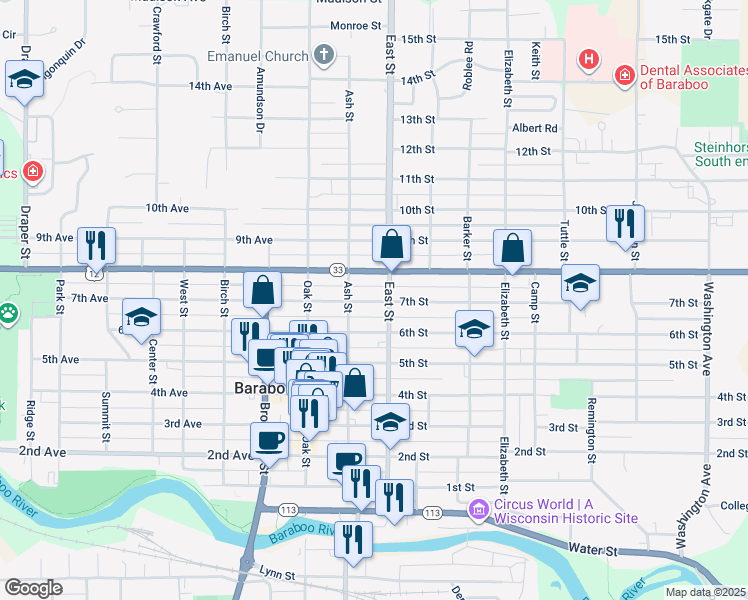 map of restaurants, bars, coffee shops, grocery stores, and more near 221 7th Street in Baraboo