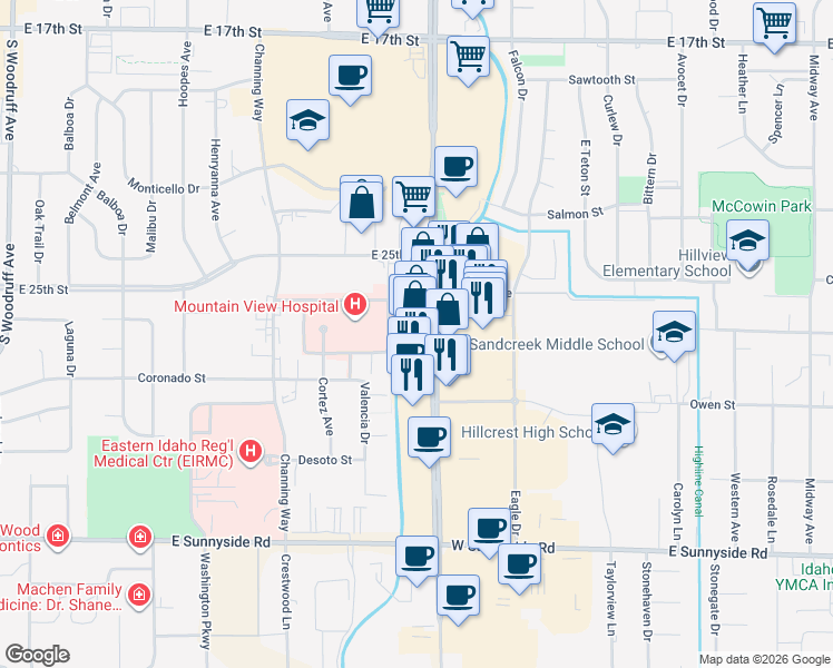 map of restaurants, bars, coffee shops, grocery stores, and more near 2640 South 25th East in Idaho Falls
