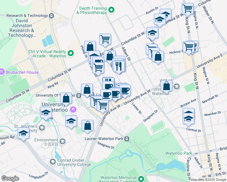 map of restaurants, bars, coffee shops, grocery stores, and more near 254 Phillip Street in Waterloo