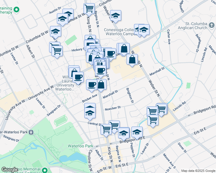 map of restaurants, bars, coffee shops, grocery stores, and more near 185 Regina Street North in Waterloo