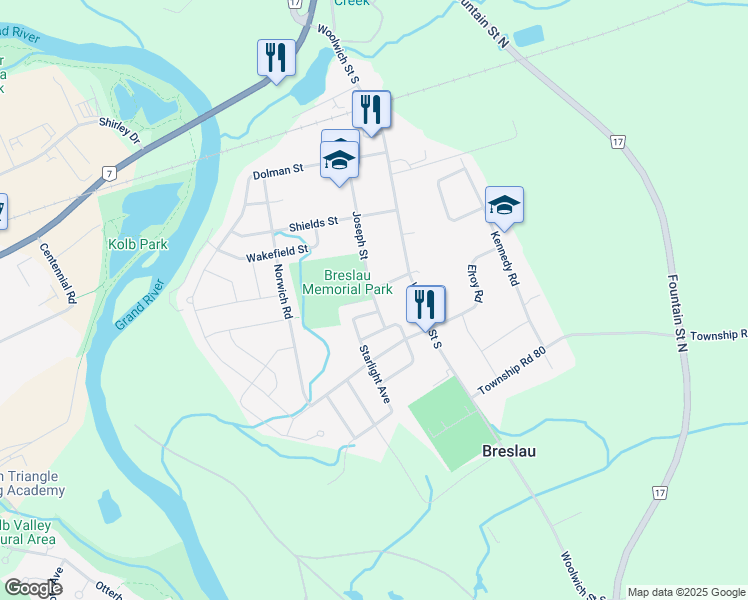 map of restaurants, bars, coffee shops, grocery stores, and more near 2 Joseph Street in Breslau