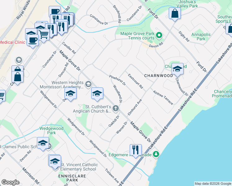 map of restaurants, bars, coffee shops, grocery stores, and more near 268 Woodland Drive in Oakville