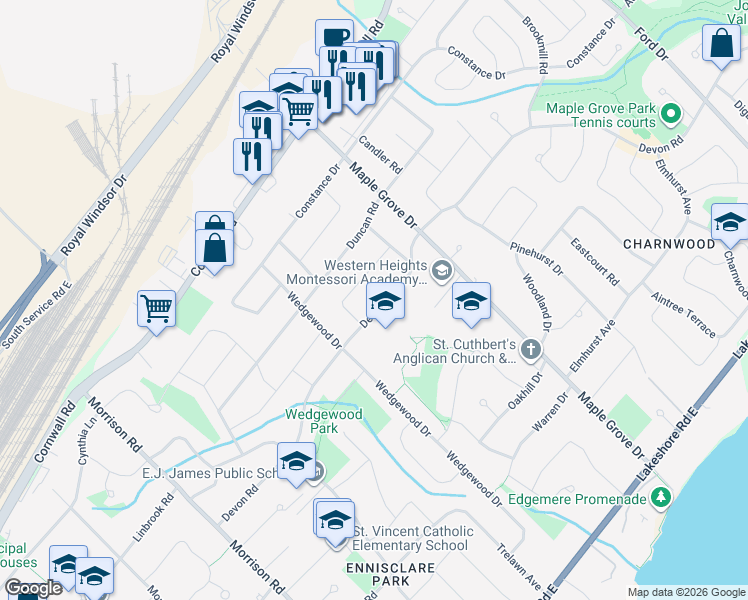 map of restaurants, bars, coffee shops, grocery stores, and more near 1473 Devon Road in Oakville