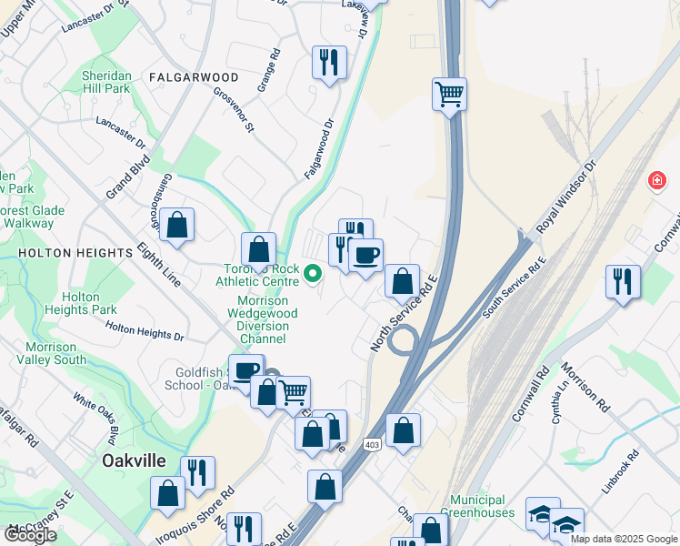 map of restaurants, bars, coffee shops, grocery stores, and more near 1132 Invicta Drive in Oakville