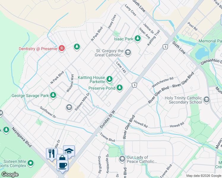 map of restaurants, bars, coffee shops, grocery stores, and more near 268 Ellen Davidson Drive in Oakville