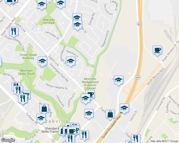 map of restaurants, bars, coffee shops, grocery stores, and more near in Oakville