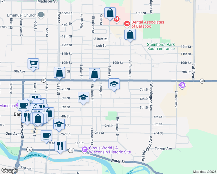map of restaurants, bars, coffee shops, grocery stores, and more near 722 8th Street in Baraboo