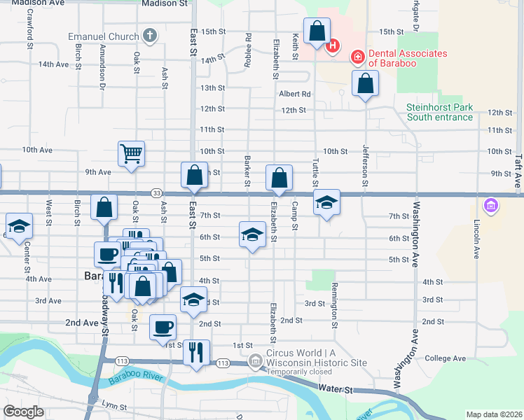 map of restaurants, bars, coffee shops, grocery stores, and more near 512 8th Street in Baraboo