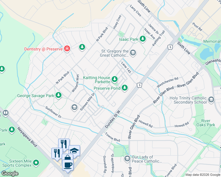 map of restaurants, bars, coffee shops, grocery stores, and more near Jemima Drive in Oakville