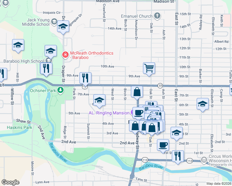 map of restaurants, bars, coffee shops, grocery stores, and more near 915 West Street in Baraboo