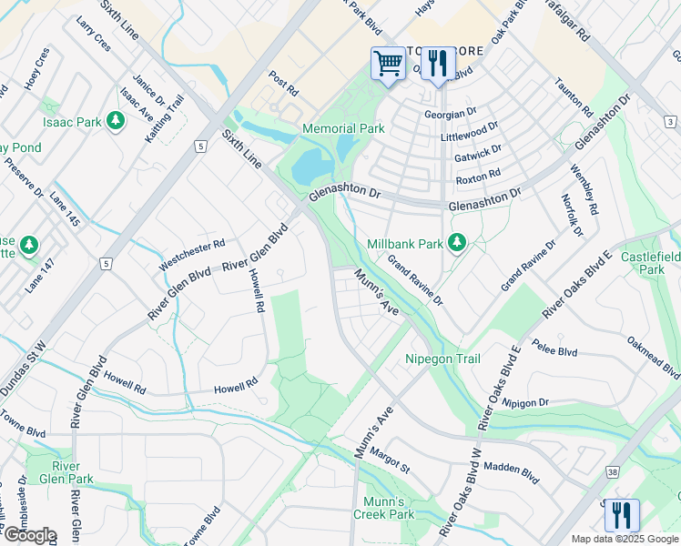 map of restaurants, bars, coffee shops, grocery stores, and more near 2438 Munn's Avenue in Oakville