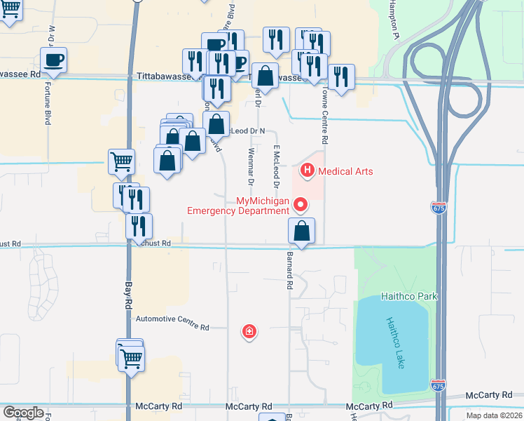 map of restaurants, bars, coffee shops, grocery stores, and more near 2540-2618 S McLeod Dr in Saginaw Charter Township