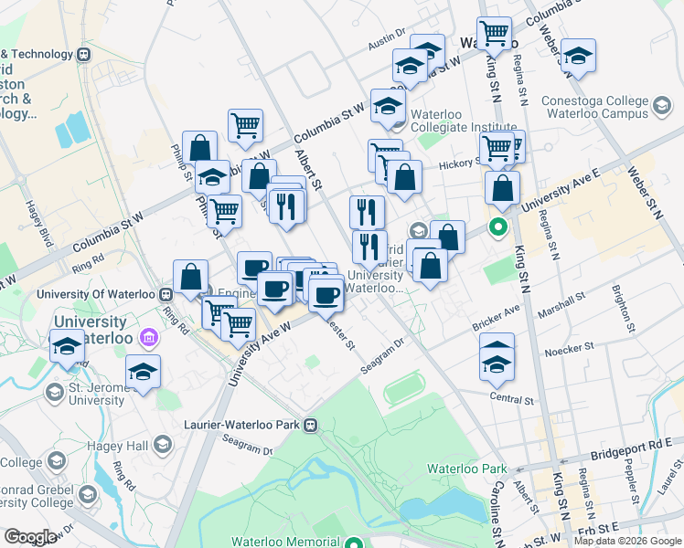 map of restaurants, bars, coffee shops, grocery stores, and more near in Waterloo