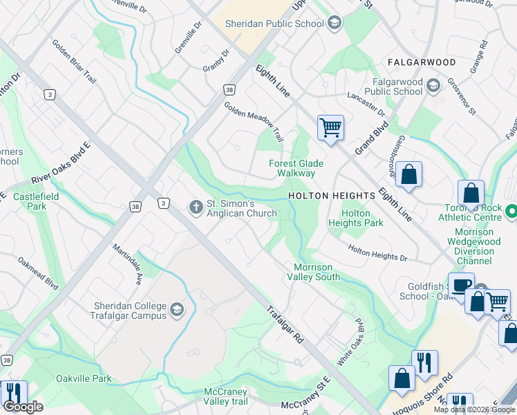 map of restaurants, bars, coffee shops, grocery stores, and more near 424 Freeman Crescent in Oakville