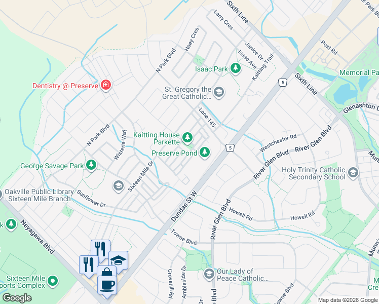 map of restaurants, bars, coffee shops, grocery stores, and more near 260 Ellen Davidson Drive in Oakville