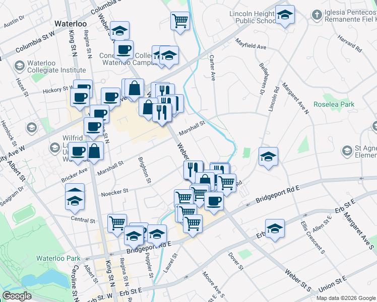 map of restaurants, bars, coffee shops, grocery stores, and more near 161 Alvin Street in Waterloo