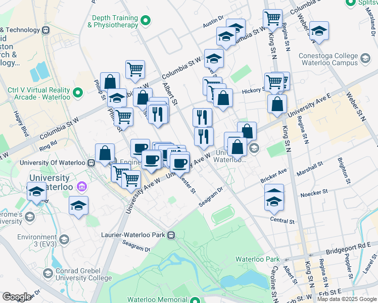 map of restaurants, bars, coffee shops, grocery stores, and more near in Waterloo