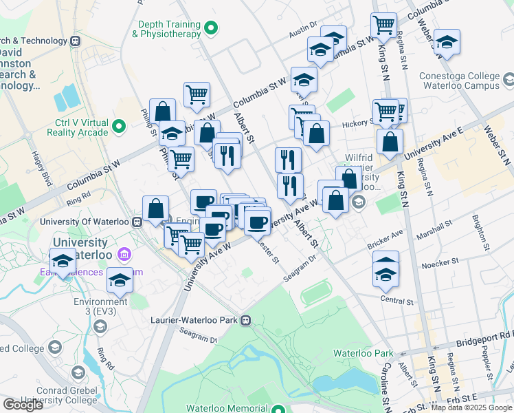 map of restaurants, bars, coffee shops, grocery stores, and more near in Waterloo