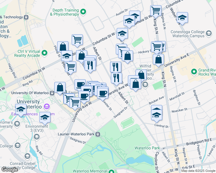 map of restaurants, bars, coffee shops, grocery stores, and more near 258A Sunview Street in Waterloo