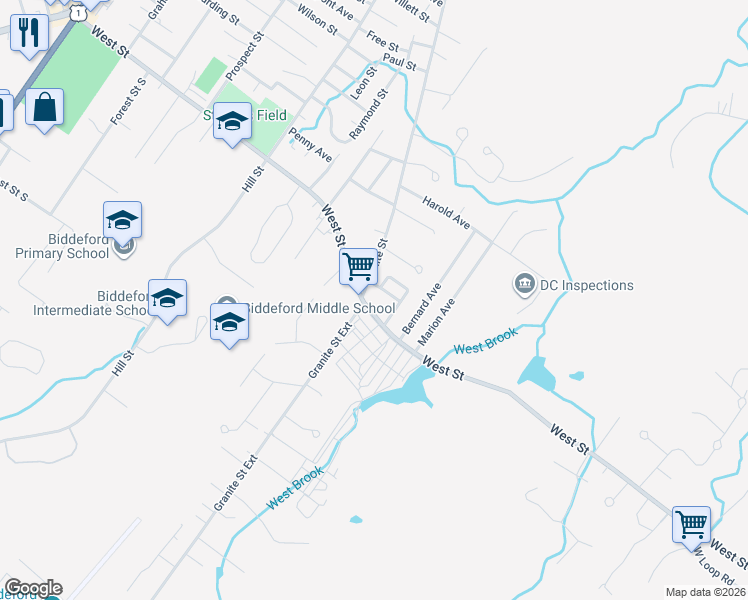 map of restaurants, bars, coffee shops, grocery stores, and more near 315 Granite Street in Biddeford