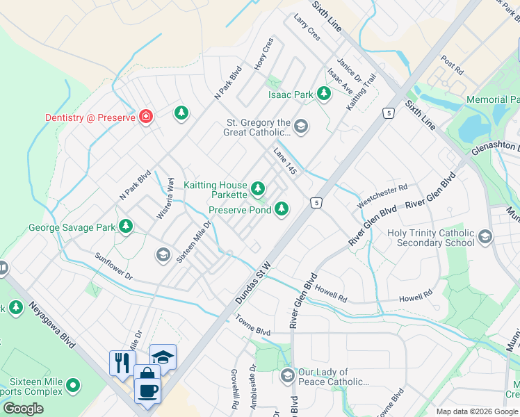 map of restaurants, bars, coffee shops, grocery stores, and more near 292 Ellen Davidson Drive in Oakville