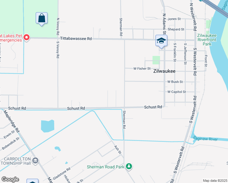 map of restaurants, bars, coffee shops, grocery stores, and more near 4615 Bittersweet Lane in Saginaw