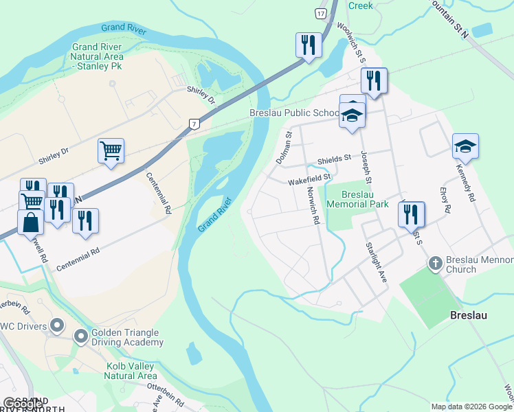 map of restaurants, bars, coffee shops, grocery stores, and more near 219 Dolman Street in Breslau