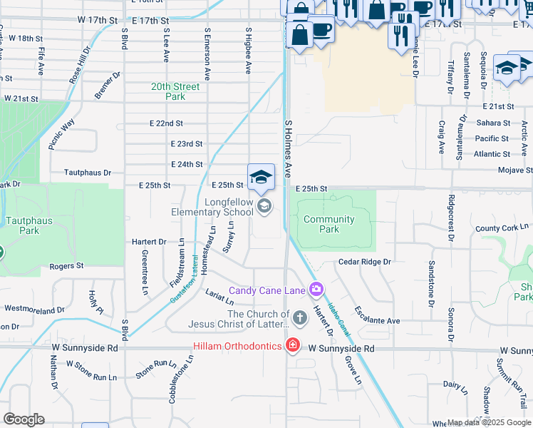 map of restaurants, bars, coffee shops, grocery stores, and more near 2500 South Higbee Avenue in Idaho Falls