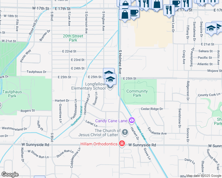 map of restaurants, bars, coffee shops, grocery stores, and more near 2500 South Higbee Avenue in Idaho Falls