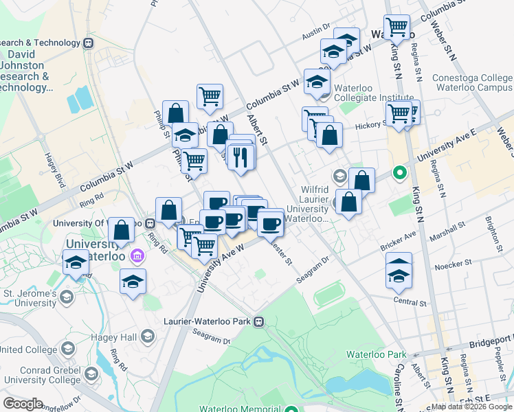 map of restaurants, bars, coffee shops, grocery stores, and more near 258 Lester Street in Waterloo