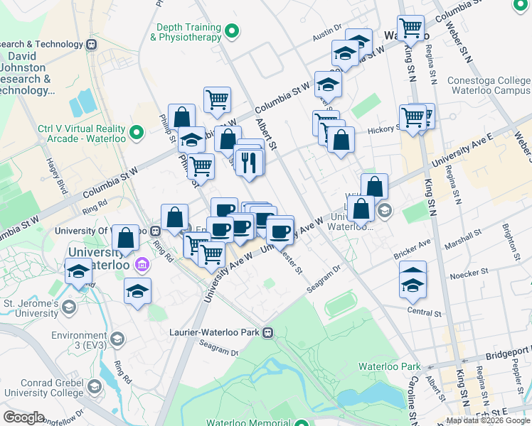 map of restaurants, bars, coffee shops, grocery stores, and more near 256 Lester Street in Waterloo