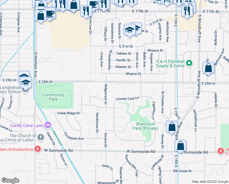map of restaurants, bars, coffee shops, grocery stores, and more near 2600 Cavan Circle in Idaho Falls