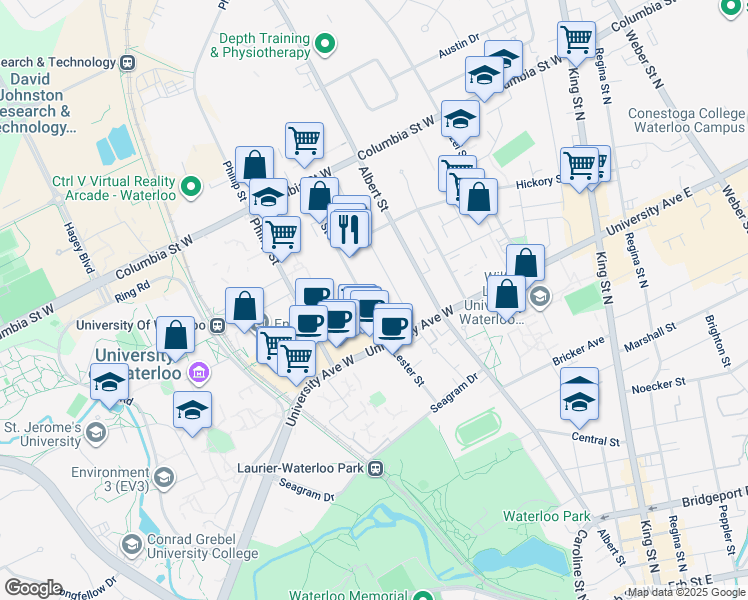 map of restaurants, bars, coffee shops, grocery stores, and more near in Waterloo