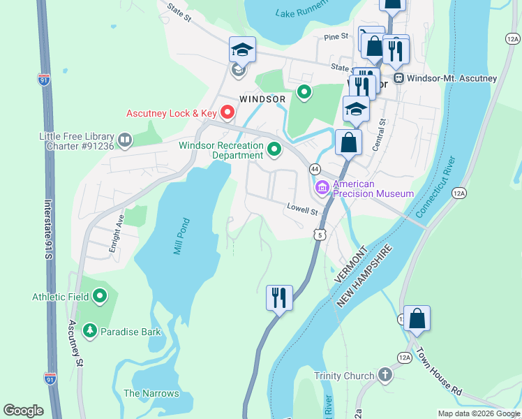 map of restaurants, bars, coffee shops, grocery stores, and more near 19 Lowell Street in Windsor